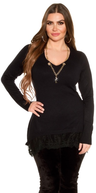 Curvy girls size pullover met ketting & kant zwart
